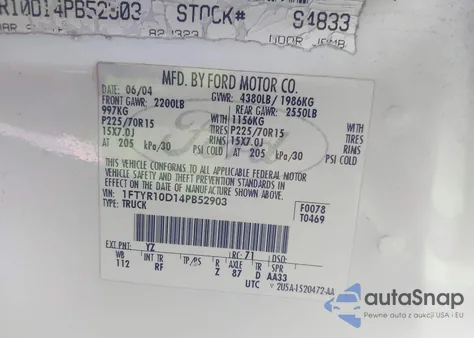 2004 Ford Ranger z USA, uszkodzony, nr VIN IFTYR10D14PB52903